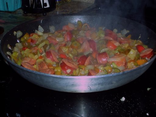 Peppers & Linguica Peppers & Linguica in the pan